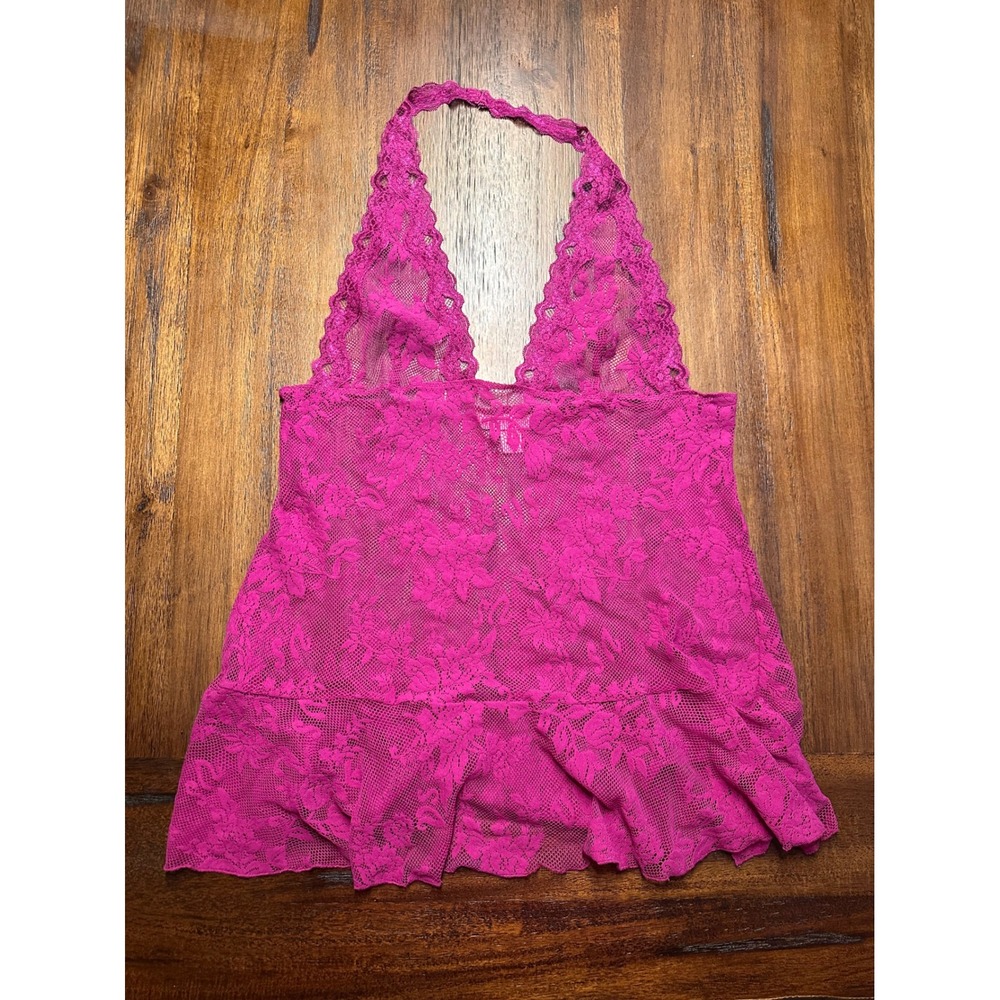 Victorias Secret Magenta Pink Floral Lace Halter Babydoll Lingerie Top XL